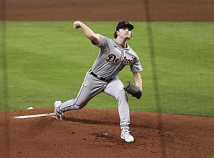 Apr 12, 2021; Houston, Texas, USA; Detroit Tigers starting pitcher Casey Mize (12) delivers a pitch during the third inning against the Houston Astros at Minute Maid Park. Mandatory Credit: Troy Taormina-USA TODAY Sports