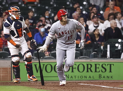 Apr 22, 2021; Houston, Texas, USA; Los Angeles Angels designated hitter Shohei Ohtani (17) looks up after hitting a fly ball during the third inning against the Houston Astros at Minute Maid Park. Mandatory Credit: Troy Taormina-USA TODAY Sports