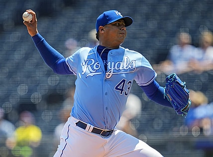 Jul 29, 2021; Kansas City, Missouri, USA; Kansas City Royals starting pitcher Carlos Hernandez (43) pitches against the Chicago White Sox during the first inning at Kauffman Stadium. Mandatory Credit: Jay Biggerstaff-USA TODAY Sports