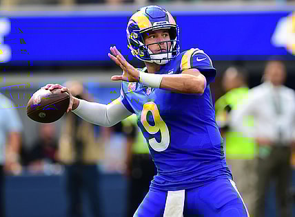 Oct 3, 2021; Inglewood, California, USA; Los Angeles Rams quarterback Matthew Stafford (9) throws against the Arizona Cardinals during the first half at SoFi Stadium. Mandatory Credit: Gary A. Vasquez-USA TODAY Sports