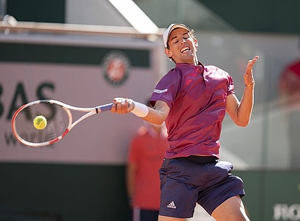 May 30, 2021; Paris, France; Dominic Thiem (AUT) in action during his match against Pablo Andujar (ESP) at Roland Garros Stadium. Mandatory Credit: Susan Mullane-USA TODAY Sports