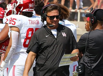 Sep 10, 2022; Lubbock, Texas, USA;  Houston Cougars quarterback coach Shannon Dawson on the sidelines in the first half during the game against the Texas Tech Red Raiders at Jones AT&T Stadium and Cody Campbell Field. Mandatory Credit: Michael C. Johnson-USA TODAY Sports