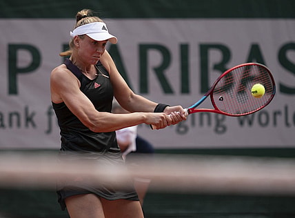 Jun 8, 2021; Paris, France; Elena Rybakina (KAZ) in action during her match against Anastasia Pavlyuchenkova (RUS) on day 10 of the French Open at Stade Roland Garros. Mandatory Credit: Susan Mullane-USA TODAY Sports