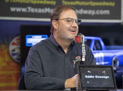 Nov 2, 2018; Fort Worth, TX, USA; Track president Eddie Gossage is interviewed before practice for the AAA Texas 500 at Texas Motor Speedway. Mandatory Credit: Jerome Miron-USA TODAY Sports
