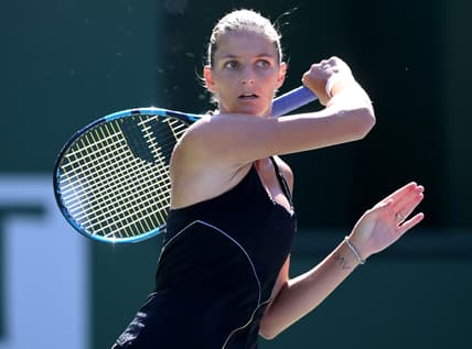 Oct 9, 2021; Indian Wells, CA, USA;  Karolina Pliskova (CZE) hits a shot during her second round match against Magdalena Frech (POL) during the BNP Paribas Open at the Indian Wells Tennis Garden. Mandatory Credit: Jayne Kamin-Oncea-USA TODAY Sports