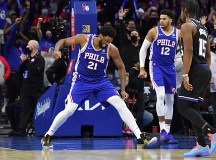 Jan 29, 2022; Philadelphia, Pennsylvania, USA; Philadelphia 76ers center Joel Embiid (21) celebrates after defeating against the Sacramento Kings at Wells Fargo Center. Mandatory Credit: Eric Hartline-USA TODAY Sports