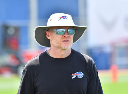 Jul 28, 2021; Orchard Park, NY, United States; Buffalo Bills head coach Sean McDermott comes off the field after practice at the Buffalo Bills Training Facility. Mandatory Credit: Mark Konezny-USA TODAY Sports