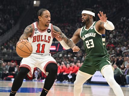 Apr 5, 2023; Milwaukee, Wisconsin, USA; Chicago Bulls forward DeMar DeRozan (11) drives to the basket against Milwaukee Bucks guard Wesley Matthews (23) in the first half at Fiserv Forum. Mandatory Credit: Michael McLoone-USA TODAY Sports