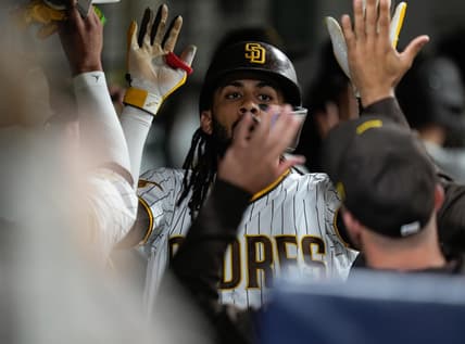 Jun 3, 2023; San Diego, California, USA;  San Diego Padres right fielder Fernando Tatis Jr. (23) celebrates his home run against the Chicago Cubs during the eighth inning at Petco Park. Mandatory Credit: Ray Acevedo-USA TODAY Sports