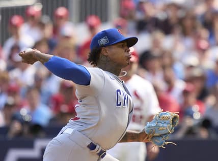 Jun 25, 2023; London, GBR, ENG; Chicago Cubs starting pitcher Marcus Stroman (0) throws against the St. Louis Cardinals  in the first inning during London series game two at London Stadium. Mandatory Credit: Peter van den Berg-USA TODAY Sports