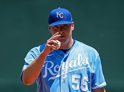 Jul 11, 2022; Kansas City, Missouri, USA; Kansas City Royals starting pitcher Brad Keller (56) signals to the catcher before the first inning against the Detroit Tigers at Kauffman Stadium. Mandatory Credit: Jay Biggerstaff-USA TODAY Sports