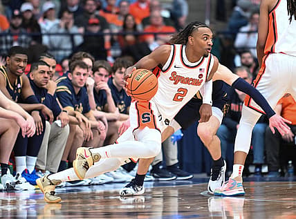 Feb 24, 2024; Syracuse, New York, USA; Syracuse Orange guard JJ Starling (2) drives the ball to the basket against the Notre Dame Fighting Irish in the first half at the JMA Wireless Dome. Mandatory Credit: Mark Konezny-USA TODAY Sports