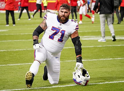 Oct 16, 2022; Kansas City, Missouri, USA; Buffalo Bills offensive tackle Ryan Bates (71) warms up against the Kansas City Chiefs prior to the game at GEHA Field at Arrowhead Stadium. Mandatory Credit: Denny Medley-USA TODAY Sports
