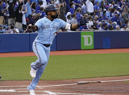 Jul 30, 2021; Toronto, Ontario, CAN; Toronto Blue Jays left fielder Teoscar Hernandez (37) reacts after hitting a solo homerun against the Kansas City Royals during the second inning at Rogers Centre. Mandatory Credit: John E. Sokolowski-USA TODAY Sports