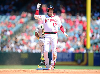 Jul 31, 2021; Anaheim, California, USA; Los Angeles Angels designated hitter Shohei Ohtani (17) reaches second after hitting an RBI double against the Oakland Athletics during the third inning at Angel Stadium. Mandatory Credit: Gary A. Vasquez-USA TODAY Sports