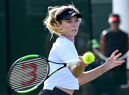 Mar 4, 2019; Indian Wells, CA, USA; Katie Boulter (BGR)  returns the ball during her first round qualifying match against Allie Kiick (not pictured) in the BNP Paribas Open at the Indian Wells Tennis Garden. Mandatory Credit: Jayne Kamin-Oncea-USA TODAY Sports
