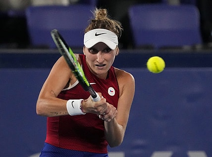 Jul 31, 2021; Tokyo, Japan; Marketa Vondrousova (CZE) in action against Belinda Bencic (SUI) in the women's gold medal match during the Tokyo 2020 Olympic Summer Games at Ariake Tennis Park. Mandatory Credit: Robert Deutsch-USA TODAY Sports