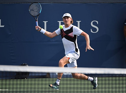 Aug 7, 2021; Toronto, Ontario, Canada; Max Purcell of Australia plays a shot against Emilio Gomez of Ecuador in first round qualifying play for the National Bank Open at the Aviva Centre. Mandatory Credit: Dan Hamilton-USA TODAY Sports