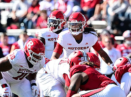 Oct 21, 2023; Bloomington, Indiana, USA; Rutgers Scarlet Knights running back Kyle Monangai (5) yells to his team during the first quarter against the Indiana Hoosiers at Memorial Stadium. Mandatory Credit: Marc Lebryk-USA TODAY Sports