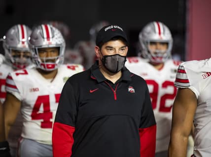 Jan 11, 2021; Miami Gardens, Florida, USA; Ohio State Buckeyes head coach Ryan Day against the Alabama Crimson Tide in the 2021 CFP National Championship Game. Mandatory Credit: Mark J. Rebilas-USA TODAY Sports