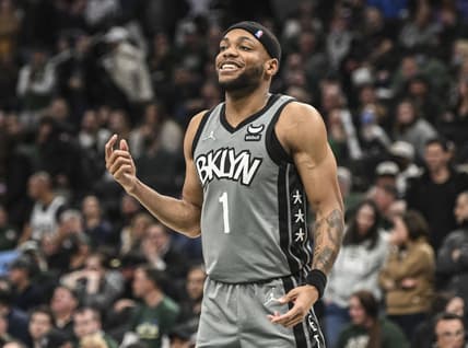 Feb 26, 2022; Milwaukee, Wisconsin, USA; Brooklyn Nets forward Bruce Brown (1) reacts in the fourth quarter against the Milwaukee Bucks at Fiserv Forum. Mandatory Credit: Benny Sieu-USA TODAY Sports