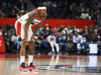 Jan 25, 2022; Washington, District of Columbia, USA; Washington Wizards guard Bradley Beal (3) looks on from the court against the LA Clippers during the first half at Capital One Arena. Mandatory Credit: Brad Mills-USA TODAY Sports