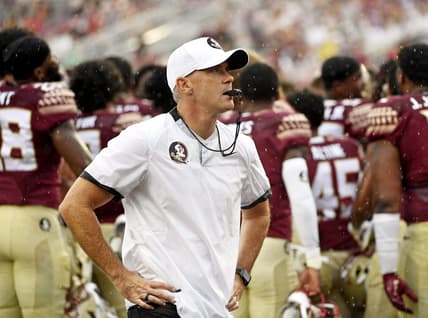 Aug 27, 2022; Tallahassee, Florida, USA; Florida State Seminoles head coach Mike Norvell leads his team before the game against the Duquesne Dukes at Doak S. Campbell Stadium. Mandatory Credit: Melina Myers-USA TODAY Sports