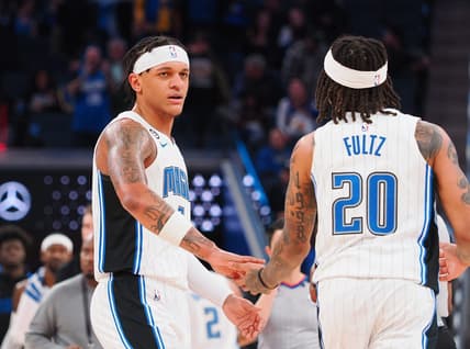 Jan 7, 2023; San Francisco, California, USA; Orlando Magic power forward Paolo Banchero (5) celebrates with point guard Markelle Fultz (20) after defeating the Golden State Warriors at Chase Center. Mandatory Credit: Kelley L Cox-USA TODAY Sports