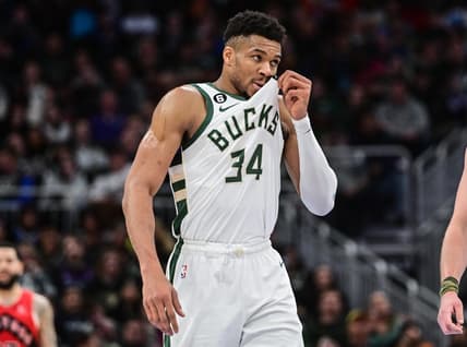 Mar 19, 2023; Milwaukee, Wisconsin, USA; Milwaukee Bucks forward Giannis Antetokounmpo (34) reacts in the fourth quarter against the Toronto Raptors at Fiserv Forum. Mandatory Credit: Benny Sieu-USA TODAY Sports