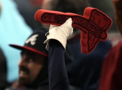 Oct 31, 2021; Atlanta, Georgia, USA; Atlanta Braves fans do the Tomahawk Chop during the eighth inning of game five of the 2021 World Series against the Houston Astros at Truist Park. Mandatory Credit: Dale Zanine-USA TODAY Sports