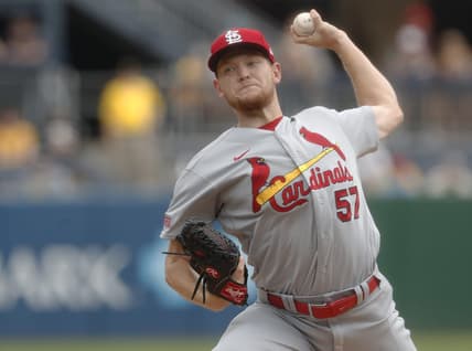 Aug 23, 2023; Pittsburgh, Pennsylvania, USA;  St. Louis Cardinals starting pitcher Zack Thompson (57) delivers a pitch against the Pittsburgh Pirates during the first inning at PNC Park. Mandatory Credit: Charles LeClaire-USA TODAY Sports
