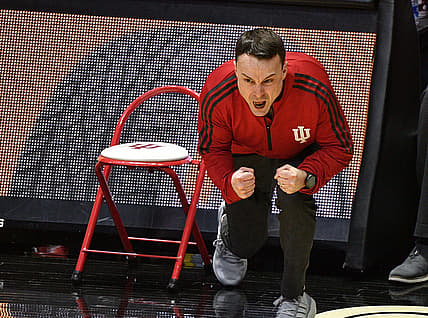 Mar 6, 2021; West Lafayette, Indiana, USA; Indiana Hoosiers head coach Archie Miller yells at his team during the second half of the game against the Purdue Boilermakers at Mackey Arena. Mandatory Credit: Marc Lebryk-USA TODAY Sports