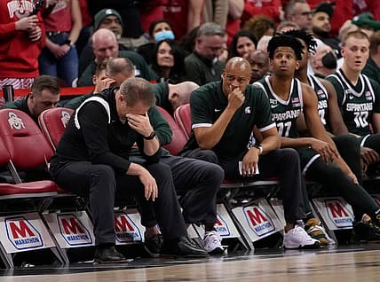 Michigan State Spartans head coach Tom Izzo covers his eyes during the second half of the NCAA men's basketball game against the Ohio State Buckeyes at Value City Arena in Columbus on March 3, 2022. Ohio State won 80-69.

Michigan State Spartans At Ohio State Buckeyes