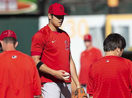 Aug 8, 2022; Oakland, California, USA; Los Angeles Angels pitcher Shohei Ohtani before a game against the Oakland Athletics at RingCentral Coliseum. Mandatory Credit: D. Ross Cameron-USA TODAY Sports