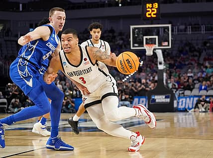 Mar 17, 2022; Fort Worth, TX, USA; San Diego State Aztecs guard Matt Bradley (3) drives to the basket past Creighton Bluejays guard Alex O'Connell (5) during the first half in the first round of the 2022 NCAA Tournament at Dickies Arena. Mandatory Credit: Chris Jones-USA TODAY Sports