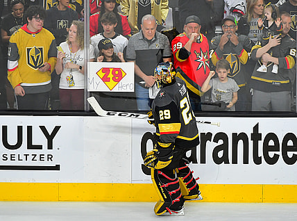 Jun 22, 2021; Las Vegas, Nevada, USA;Vegas Golden Knights goaltender Marc-Andre Fleury (29) skates past fans during pre-game warmups before the start of game five of the 2021 Stanley Cup Semifinals against the Montreal Canadiens at T-Mobile Arena. Mandatory Credit: Stephen R. Sylvanie-USA TODAY Sports