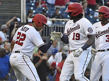 Aug 18, 2021; Washington, District of Columbia, USA; Washington Nationals first baseman Josh Bell (19) celebrates with right fielder Juan Soto (22) after hitting a three run home run against the Toronto Blue Jays during the seventh inning at Nationals Park. Mandatory Credit: Brad Mills-USA TODAY Sports