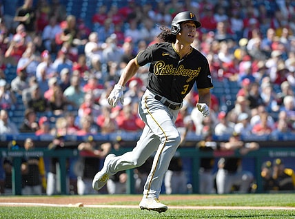 Sep 26, 2021; Philadelphia, Pennsylvania, USA;  Pittsburgh Pirates shortstop Cole Tucker (3) watches his leadoff home run during the first inning against the Philadelphia Phillies at Citizens Bank Park. Mandatory Credit: Eric Hartline-USA TODAY Sports