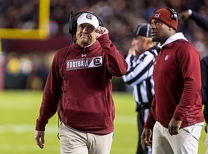 Nov 6, 2021; Columbia, South Carolina, USA; South Carolina Gamecocks head coach Shane Beamer reacts after a play against the Florida Gators in the second quarter at Williams-Brice Stadium. Mandatory Credit: Jeff Blake-USA TODAY Sports