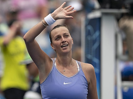 Aug 20, 2022; Cincinnati, OH, USA; Petra Kvitova (CZE) celebrates winning her match against Madison Keys (USA) at the Western & Southern Open at the Lindner Family Tennis Center. Mandatory Credit: Susan Mullane-USA TODAY Sports