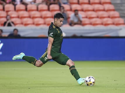 Sep 3, 2021; Houston, Texas, USA; Portland Timbers forward Felipe Mora (9) scores a goal on a penalty kick against the Houston Dynamo during the first half at BBVA Stadium. Mandatory Credit: Troy Taormina-USA TODAY Sports