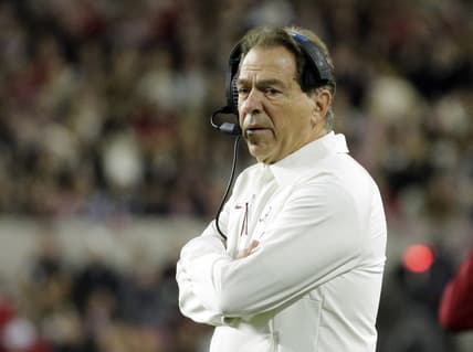 Nov 6, 2021; Tuscaloosa, Alabama, USA; Alabama Crimson Tide head coach Nick Saban looks on during the first half against the LSU Tigers at Bryant-Denny Stadium. Mandatory Credit: Butch Dill-USA TODAY Sports