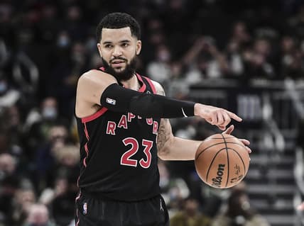 Jan 15, 2022; Milwaukee, Wisconsin, USA; Toronto Raptors guard Fred VanVleet (23) gestures in the third quarter during the game against the Milwaukee Bucks at Fiserv Forum. Mandatory Credit: Benny Sieu-USA TODAY Sports