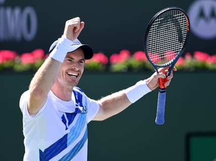 Mar 11, 2022; Indian Wells, CA, USA;  Andy Murray (GBR) celebrates after defeating Taro Daniel (JPN) for his 700th career match win at the BNP Paribas Open at the Indian Wells Tennis Garden. Mandatory Credit: Jayne Kamin-Oncea-USA TODAY Sports