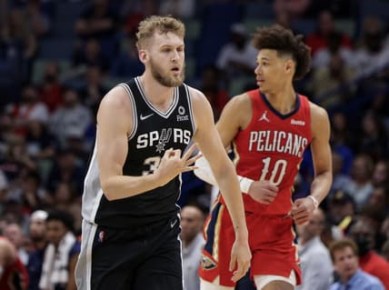 Mar 26, 2022; New Orleans, Louisiana, USA;  San Antonio Spurs center Jock Landale (34) reacts after making a three point basket against the New Orleans Pelicans during the second half at the New Orleans Pelicans at the Smoothie King Center. Mandatory Credit: Stephen Lew-USA TODAY Sports