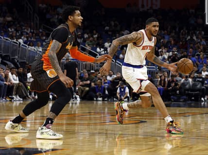 Apr 3, 2022; Orlando, Florida, USA; New York Knicks forward Obi Toppin (1) drives to the basket as Orlando Magic forward Chuma Okeke (3) defends during the first quarter at Amway Center. Mandatory Credit: Kim Klement-USA TODAY Sports