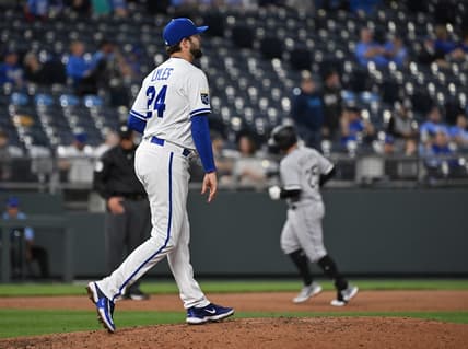 May 9, 2023; Kansas City, Missouri, USA; Kansas City Royals starting pitcher Jordan Lyles (24) reacts after giving up a two run home run to Chicago White Sox first baseman Andrew Vaughn (25) during the sixth inning at Kauffman Stadium. Mandatory Credit: Peter Aiken-USA TODAY Sports