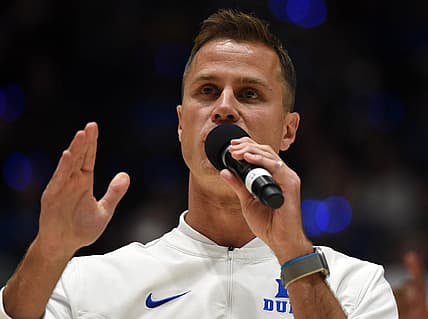 Oct 21, 2022; Durham, North Carolina, US;Duke Blue Devils head coach Jon Scheyer during Countdown to Craziness at Cameron Indoor Stadium. Mandatory Credit: Rob Kinnan-USA TODAY Sports