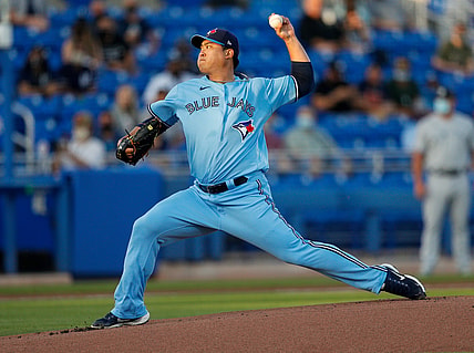 Apr 13, 2021; Dunedin, Florida, CAN;  Toronto Blue Jays starting pitcher Hyun Jin Ryu (99) throws against the New York Yankees in the first inning at TD Ballpark. Mandatory Credit: Nathan Ray Seebeck-USA TODAY Sports