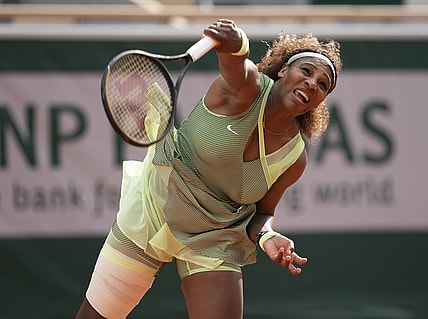 Jun 4, 2021; Paris, France; Serena Williams (USA) in action during her match against Danielle Collins (USA) on day six of the French Open at Stade Roland Garros. Mandatory Credit: Susan Mullane-USA TODAY Sports